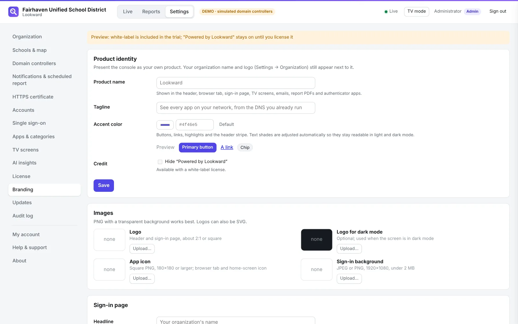 Settings → Branding: product name, tagline, accent color, logos and sign-in page